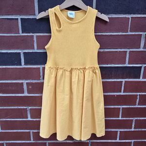 Zara Girls Size 7 Rib Cotton Dress Mustard Cut Out Detail Sleeveless Exc Stretch